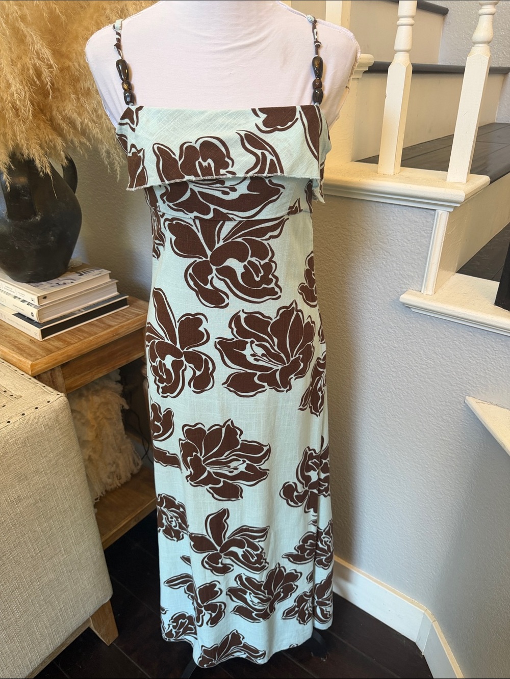 Anthropologie Paper Heart Blue Brown Linen Blend Floral Maxi Dress Size XS - Picture 2 of 8